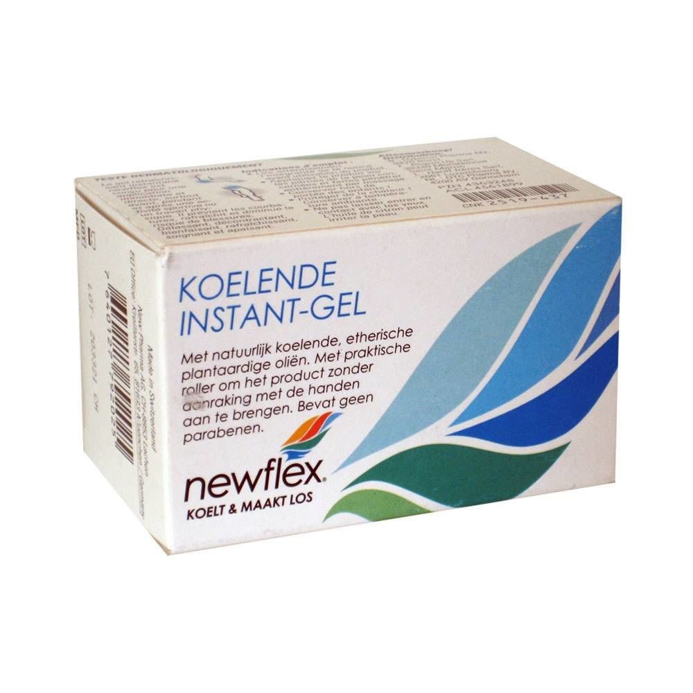 Witte doos met blauwe en groene golven. Opschrift: KOELENDE INSTANT-GEL, newflex logo.