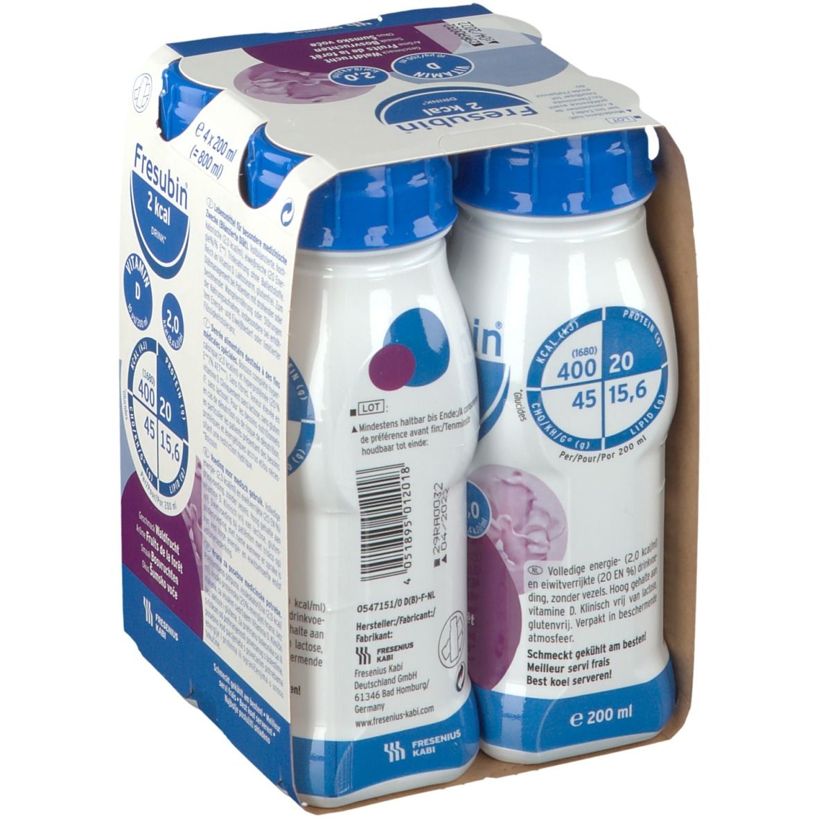Emballage de deux bouteilles Fresubin 2 kcal Drink. Bouchons bleus, bouteilles blanches étiquetées. Emballage carton avec informations produit.