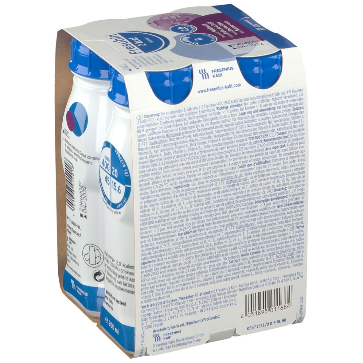 Emballage de deux bouteilles Fresubin 2 kcal Drink. Bouchons bleus, bouteilles blanches étiquetées. Emballage carton avec informations produit.