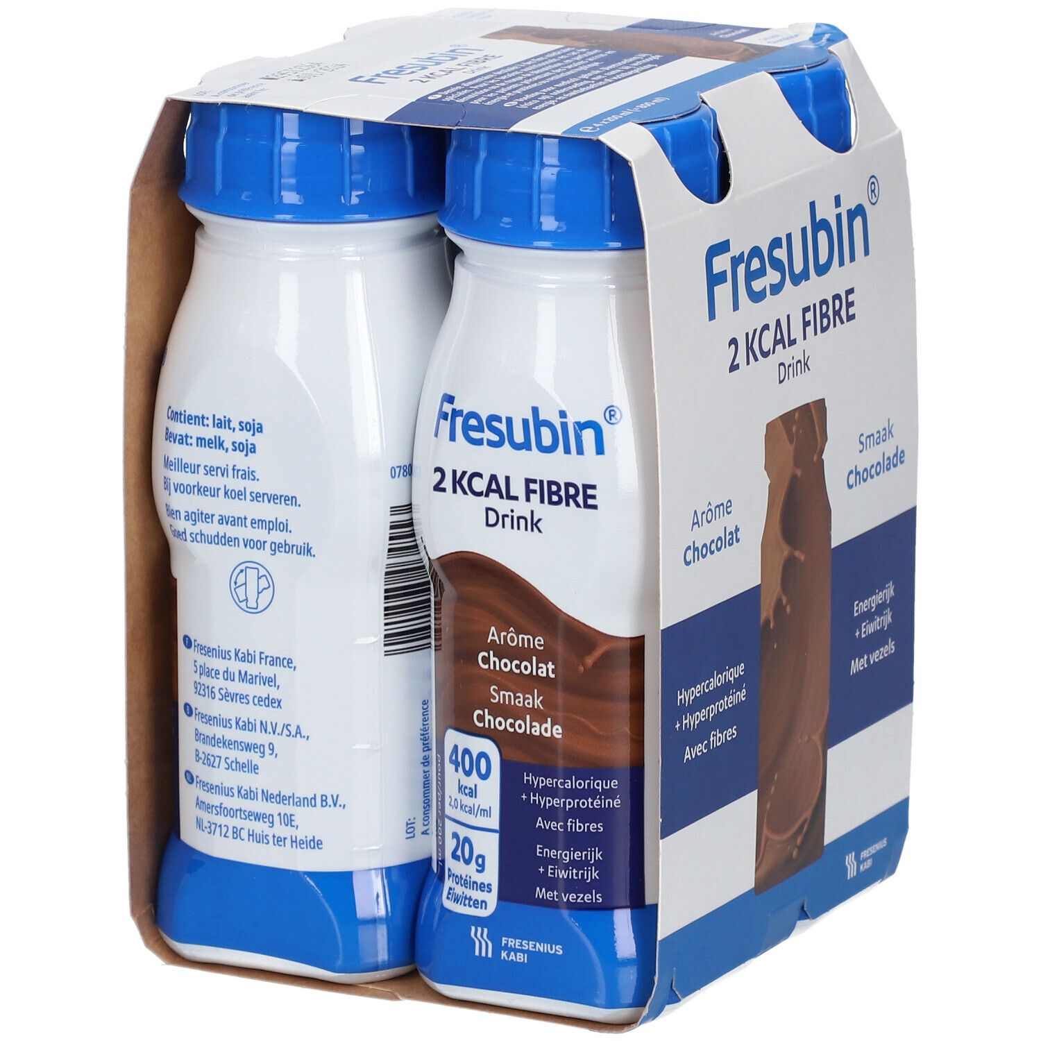 Emballage de quatre bouteilles Fresubin® 2 kcal Fibre Drink, goût chocolat. Contient 400 kcal et 20g de protéines. Emballage brun.