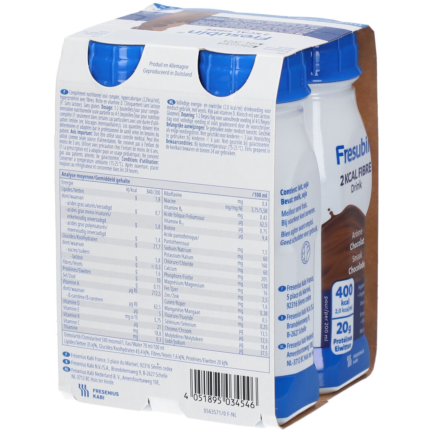 Dos de l'emballage de quatre bouteilles Fresubin® 2 kcal Fibre Drink. Informations nutritionnelles et fabricant visibles.