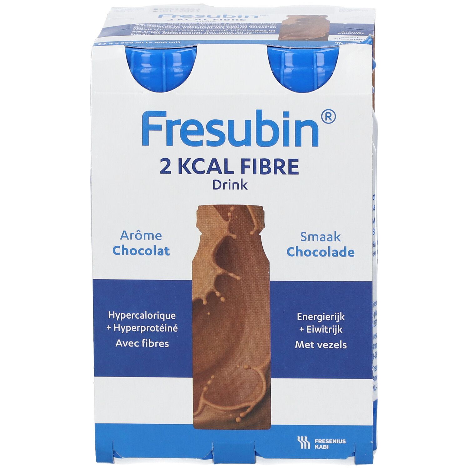 Vue de face d'un emballage Fresubin® 2 kcal Fibre Drink. Goût chocolat. Contient Hypercalorique, Hyperprotéiné, Avec fibres.