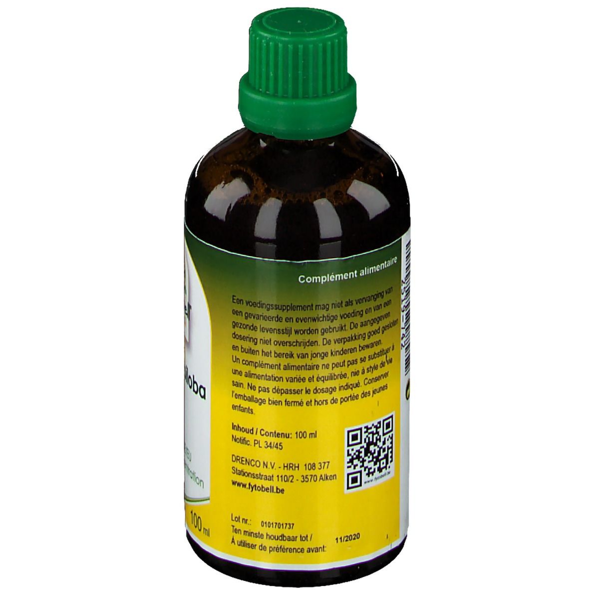 Dos du flacon en verre brun avec bouchon vert. Étiquette avec texte multilingue, code QR et informations sur le contenu.