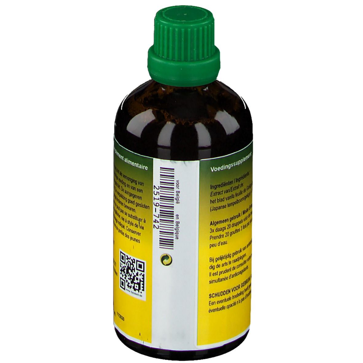 Dos du flacon en verre brun avec bouchon vert. Étiquette avec texte multilingue, code QR et informations sur le contenu.