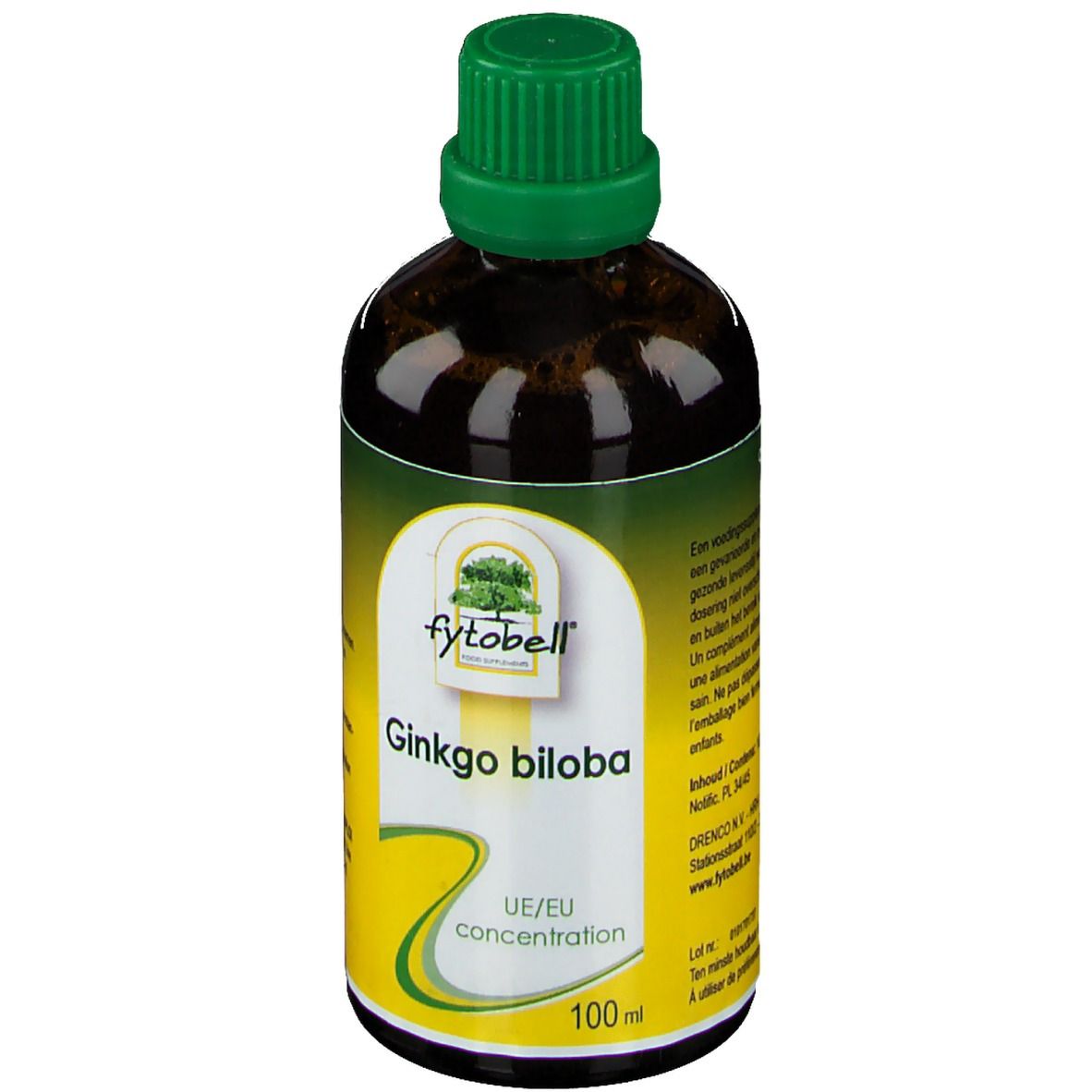 Flacon en verre brun avec bouchon vert. Étiquette avec "fytobell Ginkgo biloba UE concentration" et 100ml.