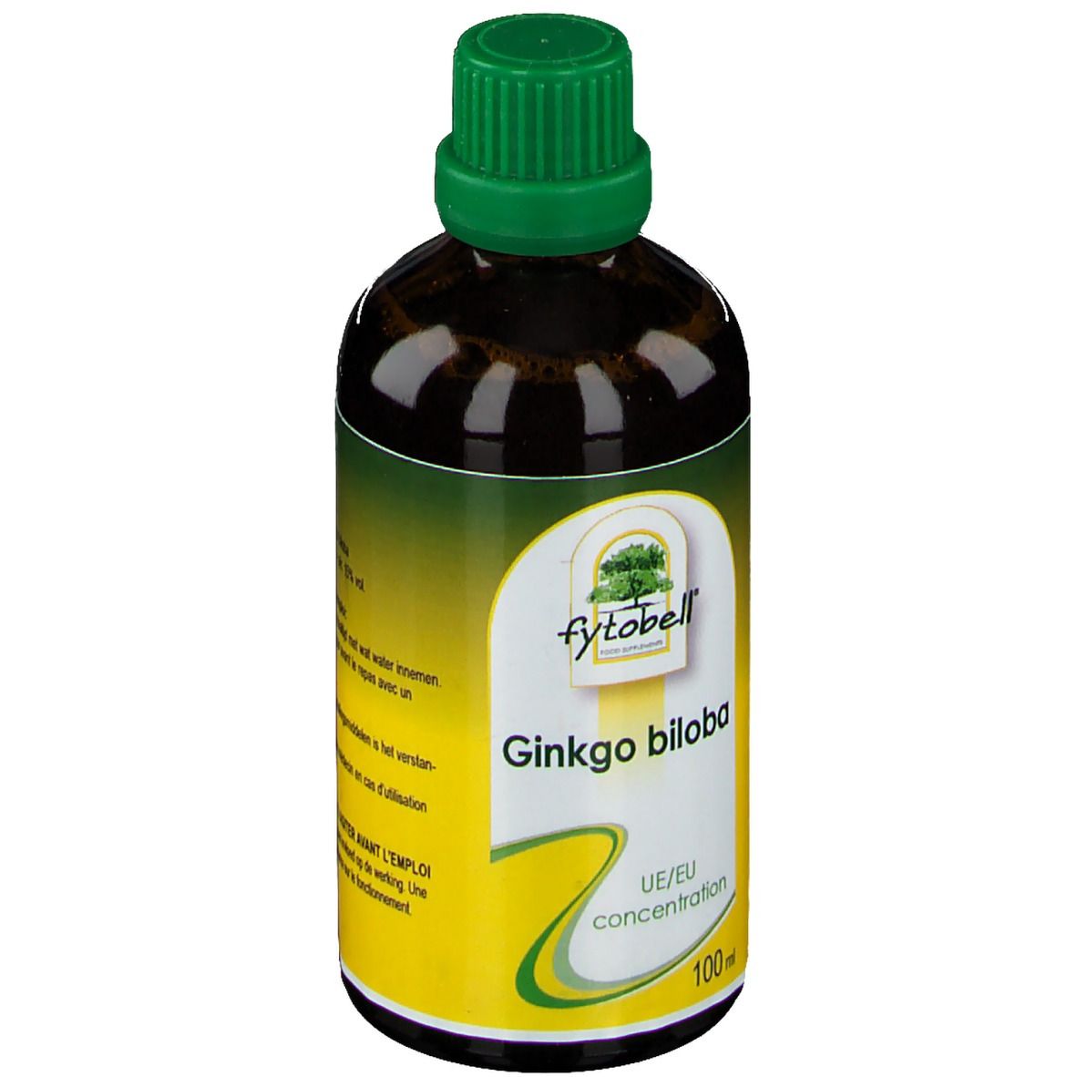 Flacon en verre brun avec bouchon vert. Étiquette avec "fytobell Ginkgo biloba UE concentration" et 100ml.