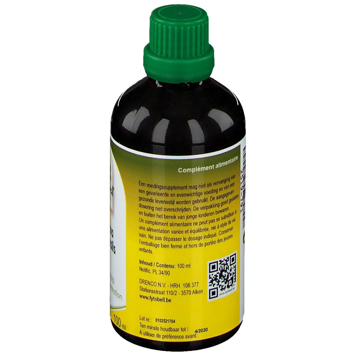 Rückseite der Flasche mit grünem Deckel. Text in mehreren Sprachen, QR-Code und "fytobell" Logo.
