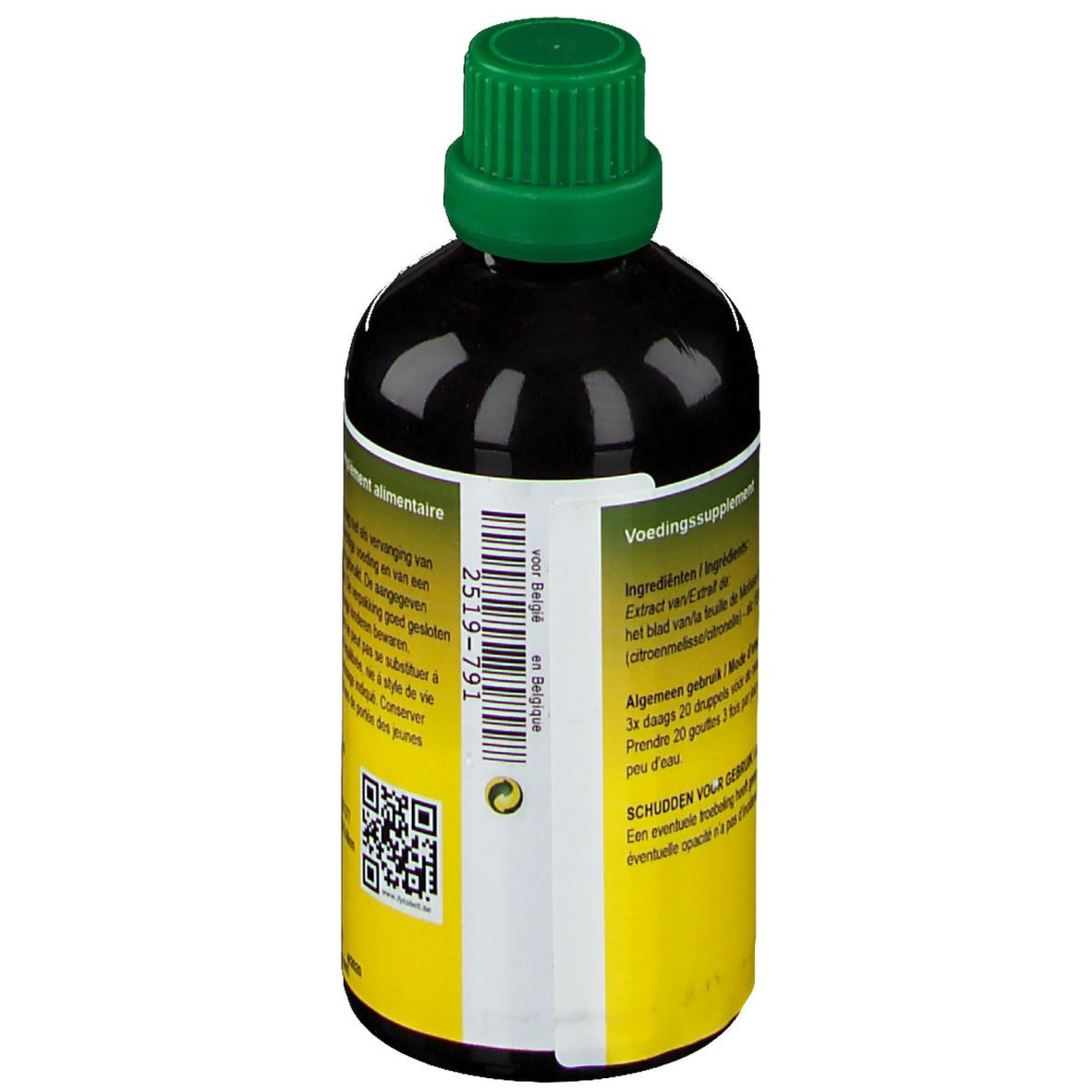 Rückseite der Flasche mit grünem Deckel. Text in mehreren Sprachen, QR-Code und "fytobell" Logo.