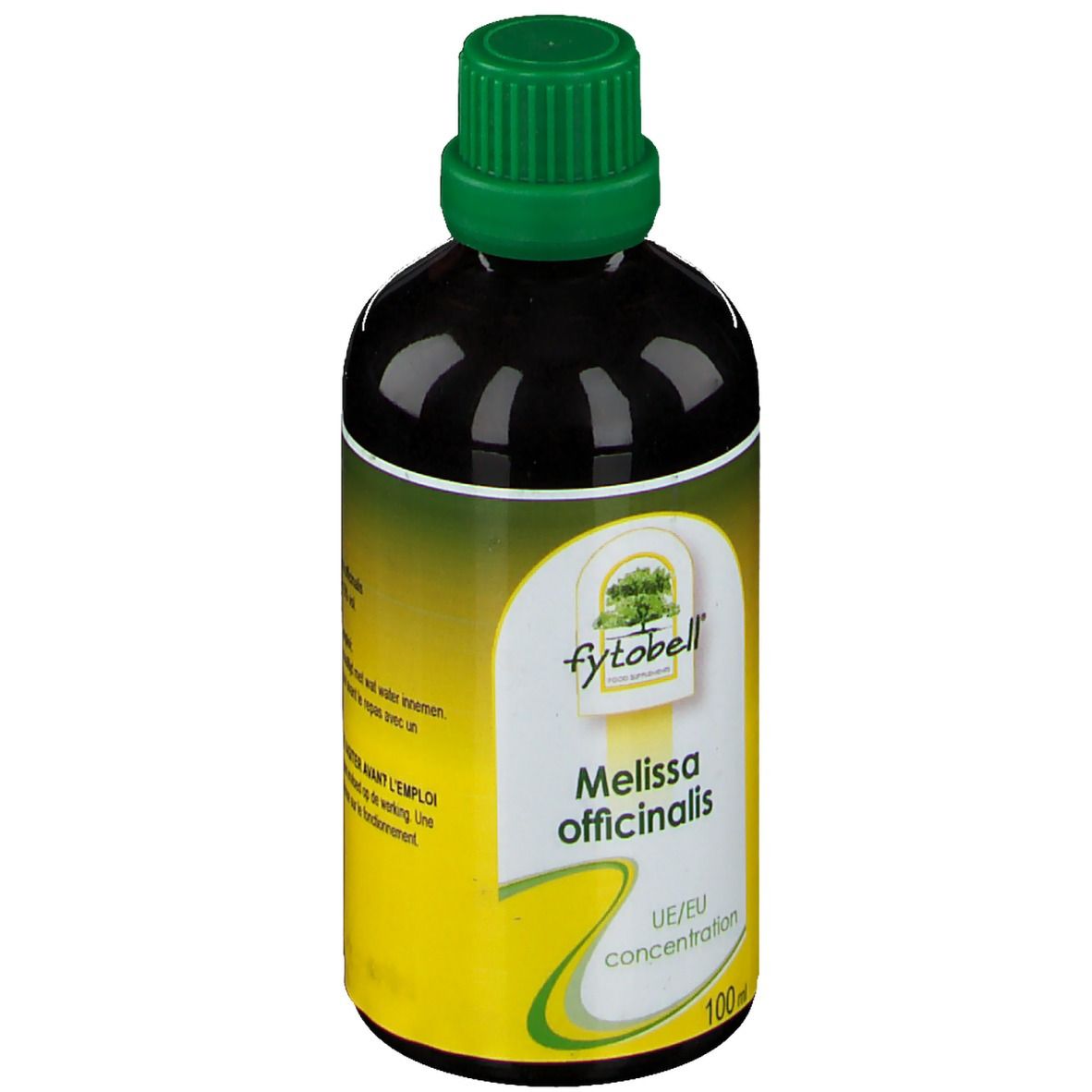 Flasche mit grünem Deckel. Etikett mit "fytobell", "Melissa officinalis" und "EU-Konzentration".