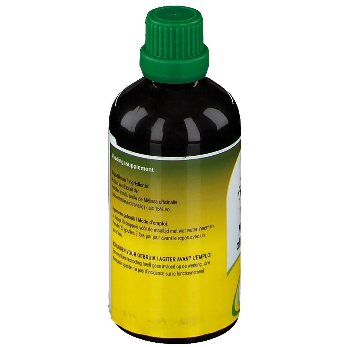 Rückseite der Flasche mit grünem Deckel. Text in mehreren Sprachen, QR-Code und "fytobell" Logo.