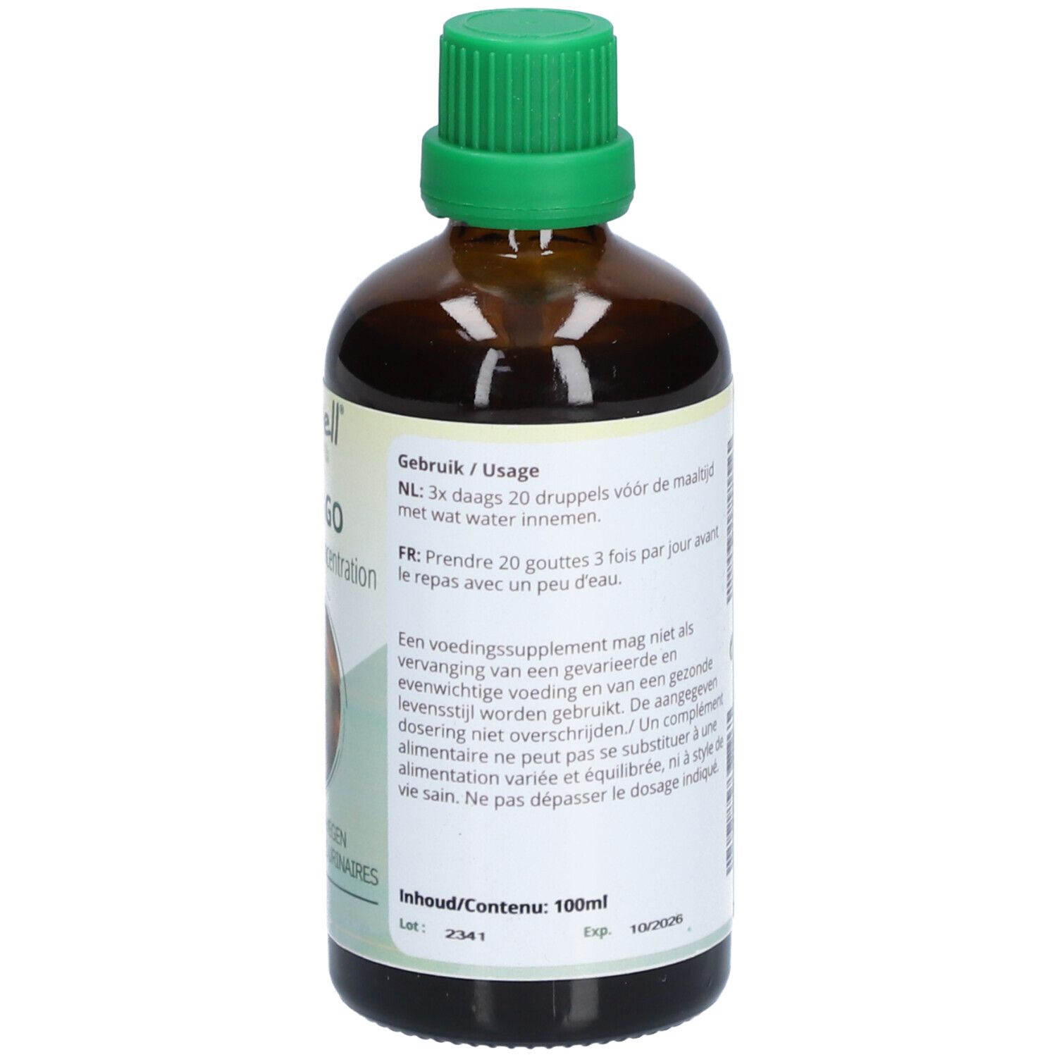 Flacon en verre brun avec bouchon vert. Étiquette avec mode d'emploi. 100 ml.