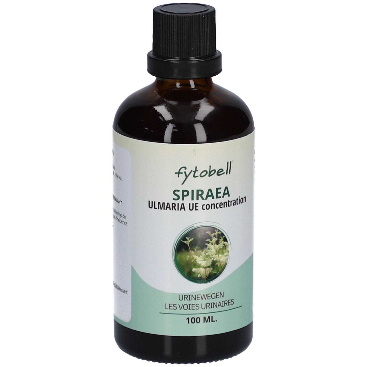 Bruine glazen fles met zwarte dop. Etiket met productnaam en bloemenafbeelding. Tekst: Urinewegen, 100 ml.