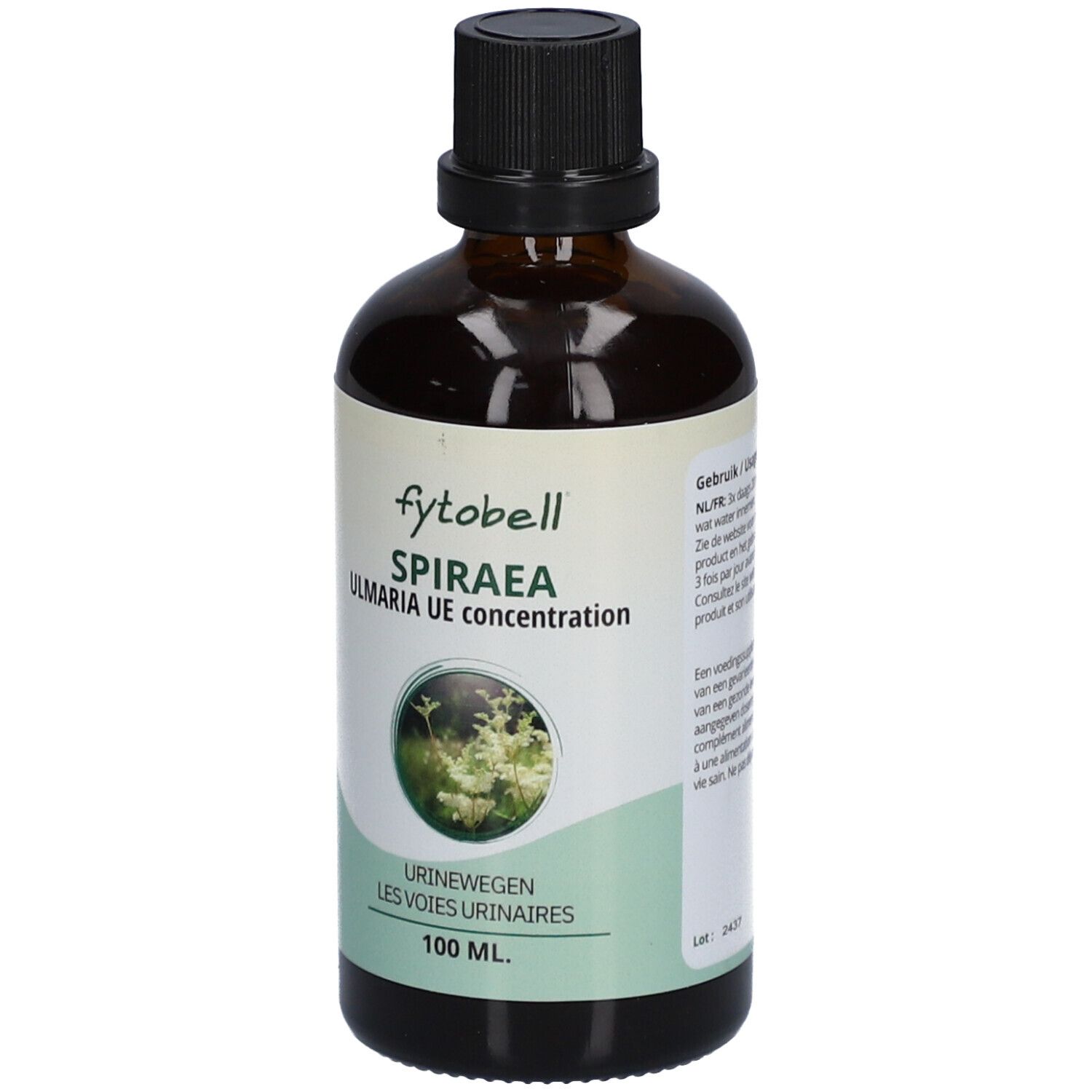 Bruine glazen fles met zwarte dop. Etiket met productnaam en bloemenafbeelding. Tekst: Urinewegen, 100 ml.