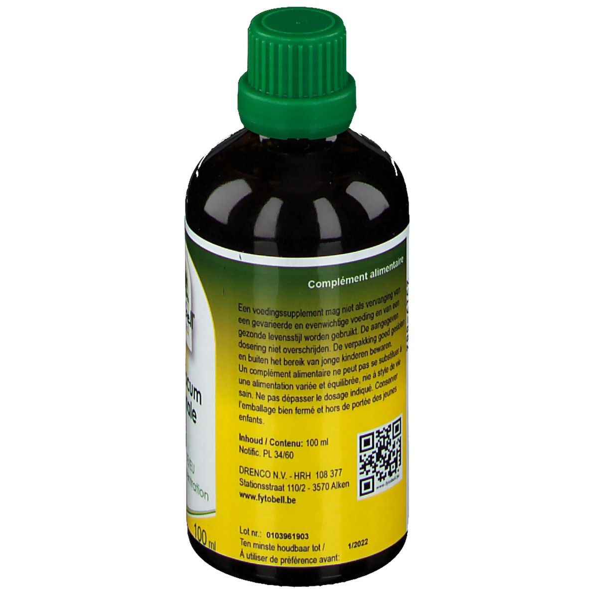 Dos du flacon en verre brun avec bouchon vert. Étiquette avec texte et code QR. Inscription : Complément alimentaire.