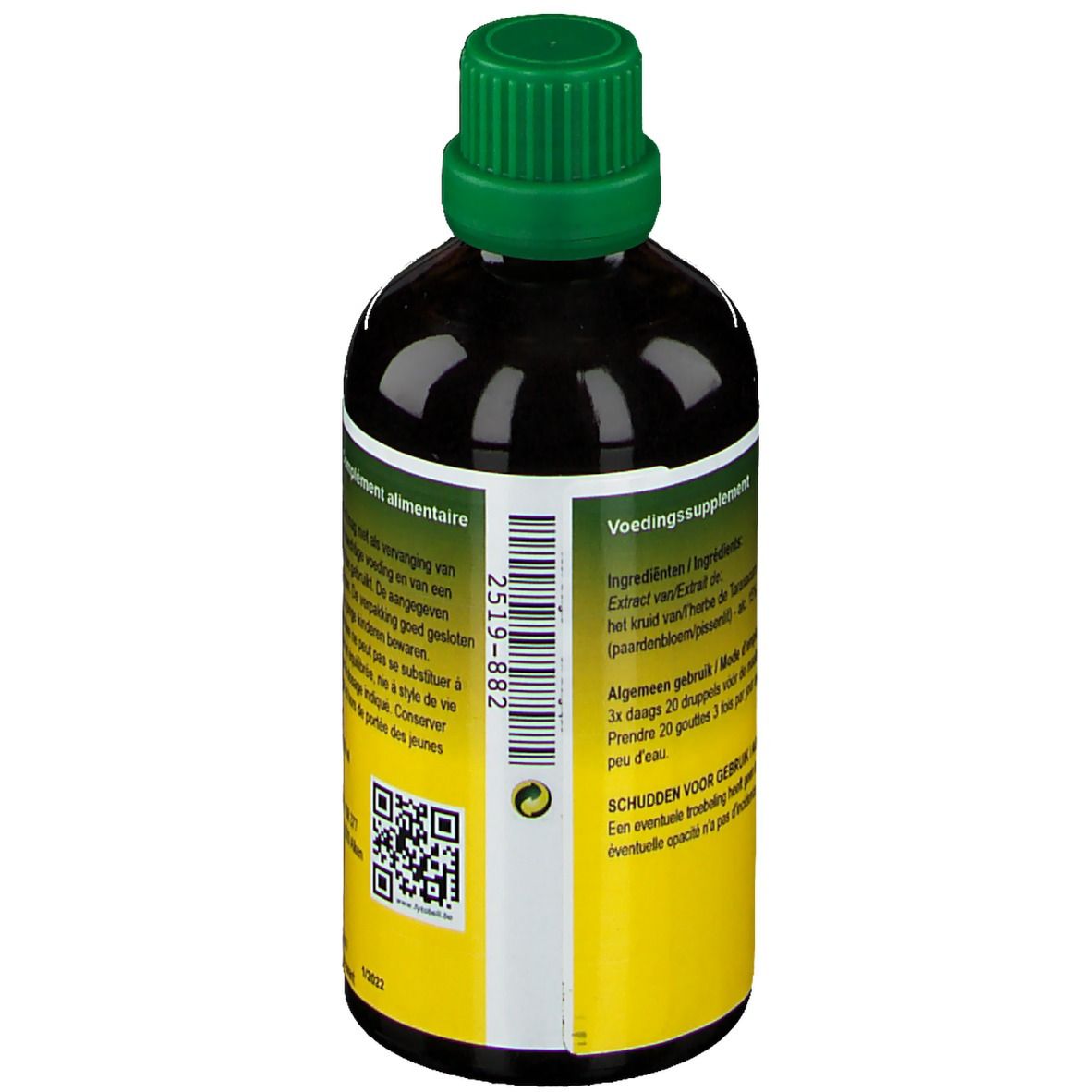 Dos du flacon en verre brun avec bouchon vert. Étiquette avec texte et code QR. Inscription : Voedingssupplement.