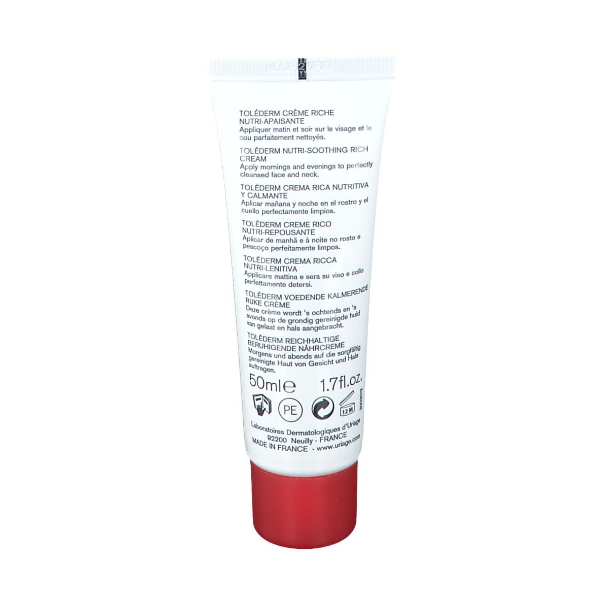 Dos du tube blanc à bouchon rouge. Texte multilingue. Ingrédients et informations fabricant.