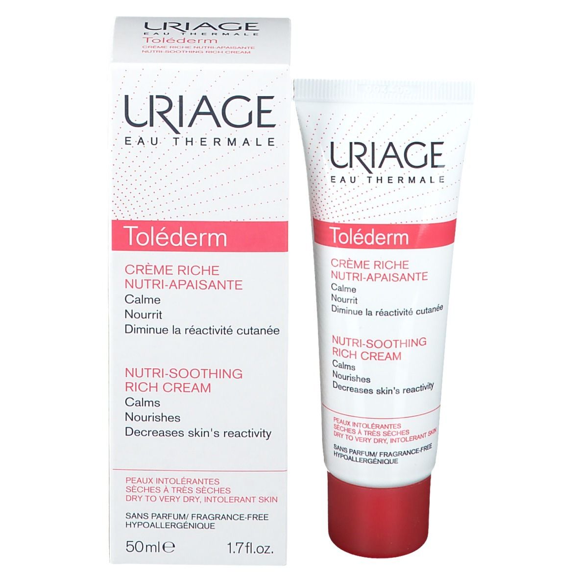 Emballage du produit : tube et boîte. Inscriptions : URIAGE, Toléderm, Crème Riche. Texte en français et anglais.