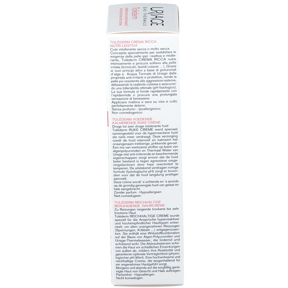 Vue latérale de l'emballage du produit. Texte multilingue. Informations sur l'utilisation et les ingrédients.