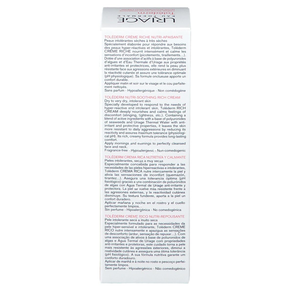 Vue latérale de l'emballage du produit. Texte multilingue. Informations sur l'utilisation et les ingrédients.