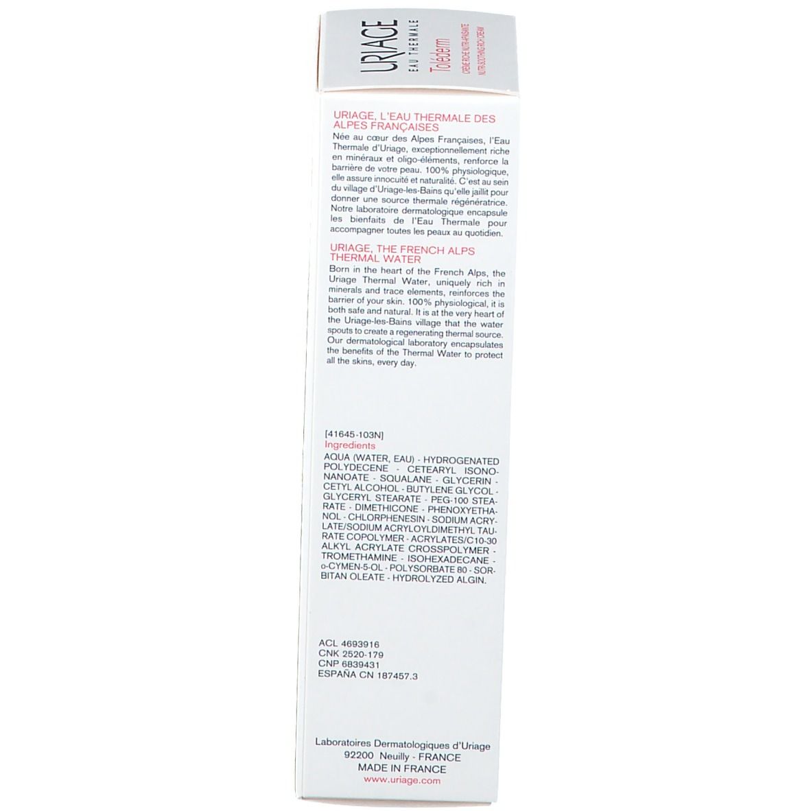 Dos de l'emballage du produit. Texte multilingue. Ingrédients et informations fabricant.