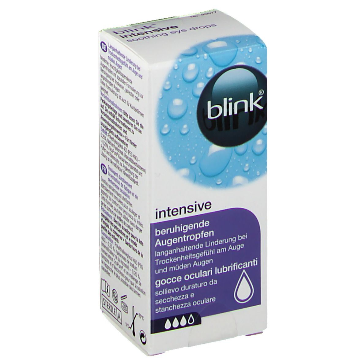Kartonverpackung mit Produktinformationen. Aufschrift: Blink intensive, beruhigende Augentropfen. Logo Tropfen.
