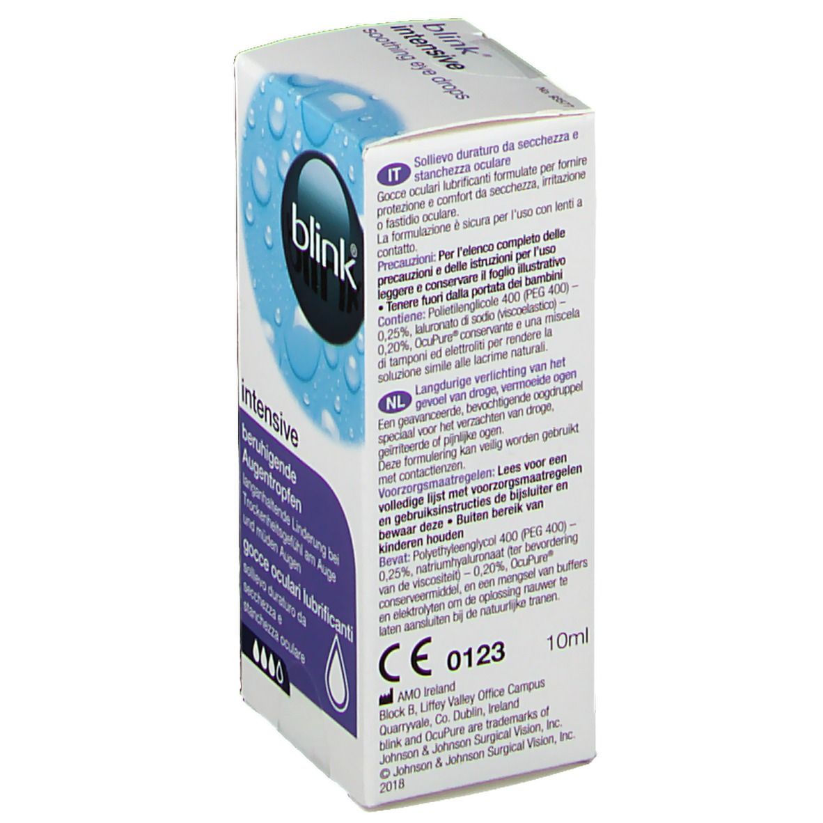 Kartonverpackung mit Produktinformationen. Text in Deutsch, Italienisch und Niederländisch. CE-Kennzeichnung.