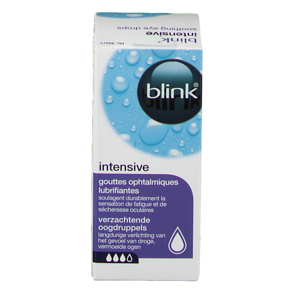 Kartonverpackung mit Produktinformationen. Aufschrift: Blink intensive, Augentropfen. Logo Blink.