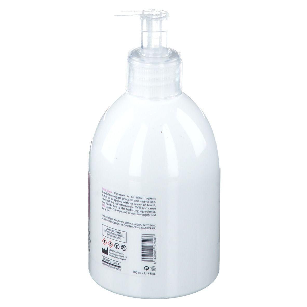 Flacon blanc avec pompe. Dos avec texte et code-barres. Gel hygiénique pour les mains.