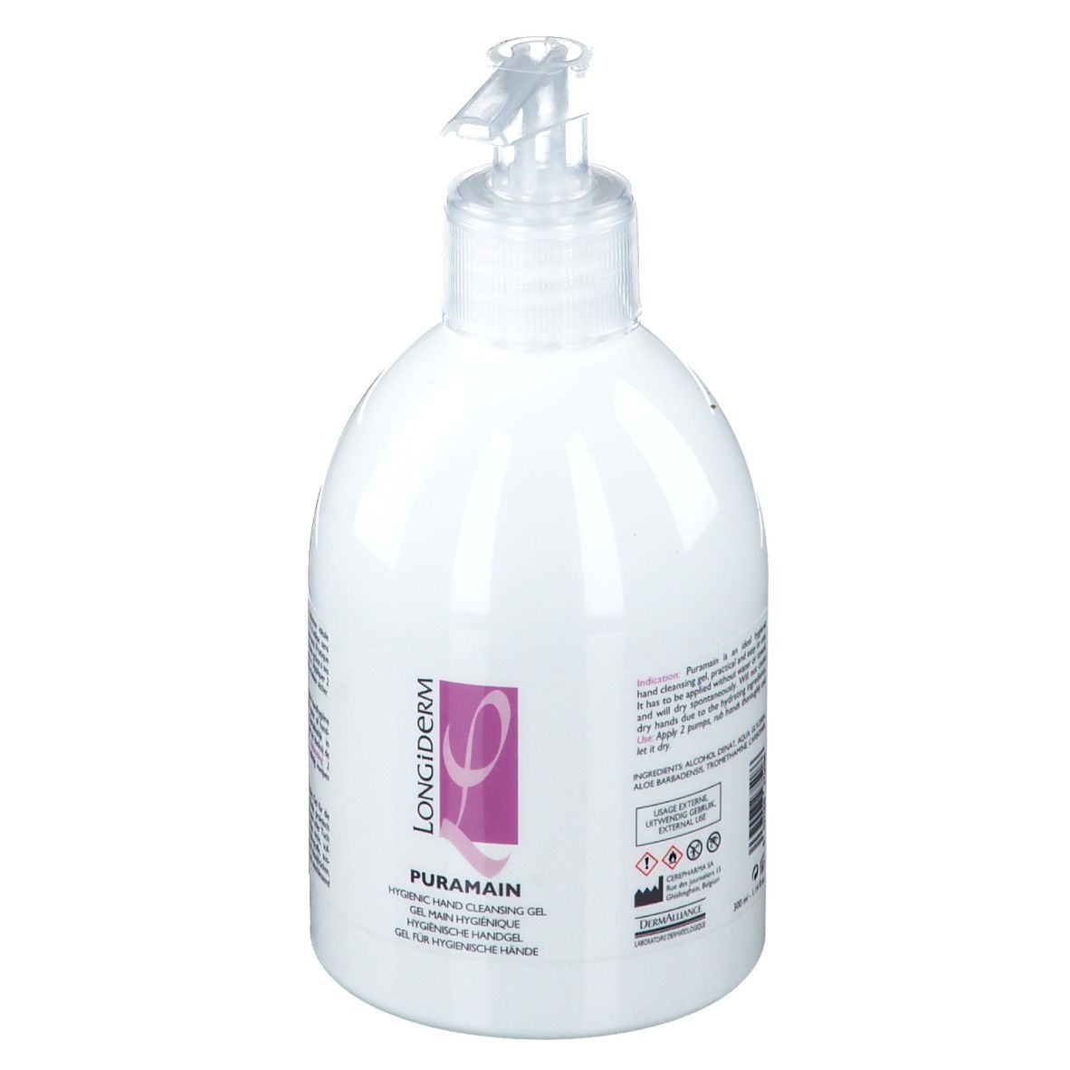 Flacon blanc avec pompe. Inscription : LONGiDERM, PURAMAIN. Logo rose. Texte en allemand, français, anglais. Gel hygiénique pour les mains.