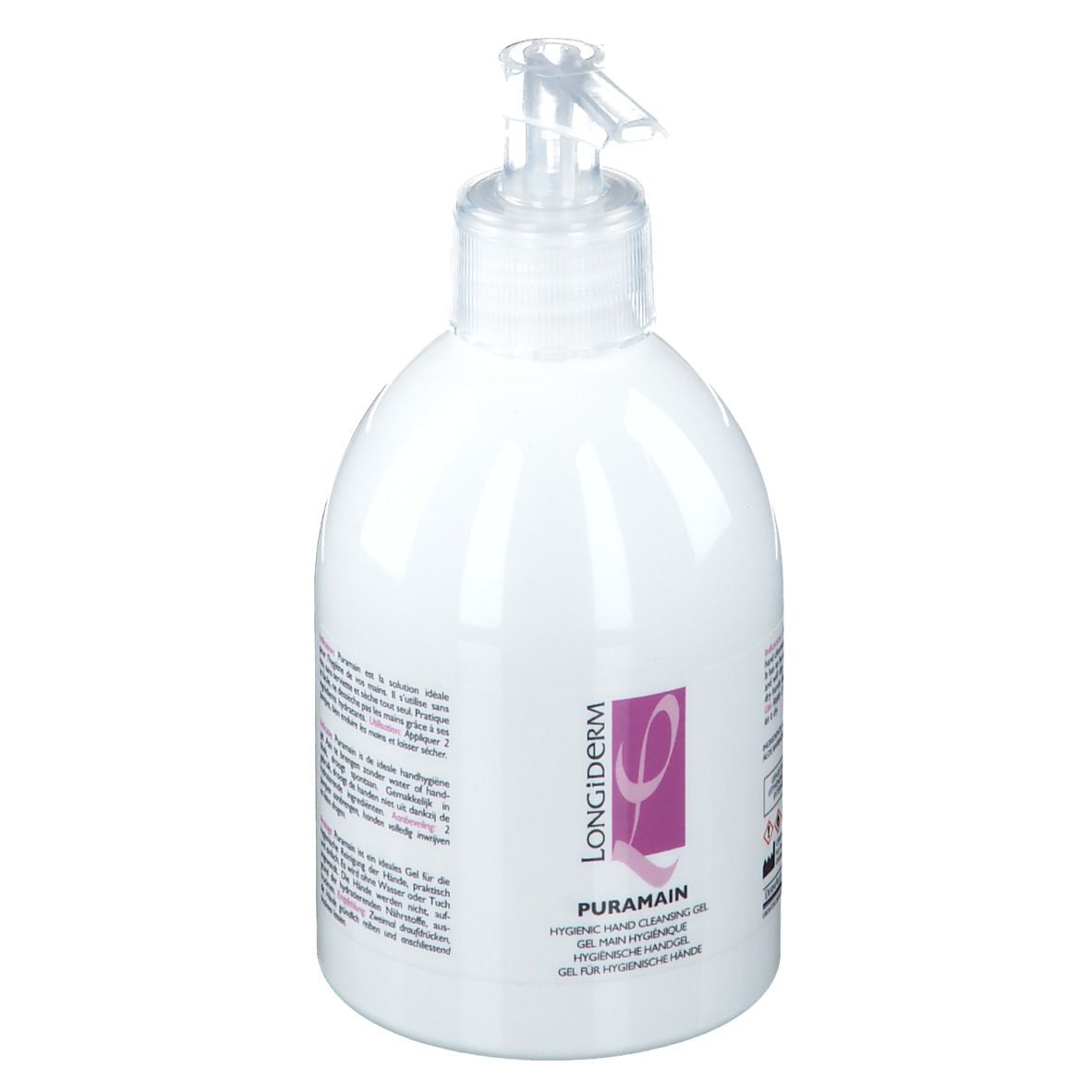 Flacon blanc avec pompe. Inscription : LONGiDERM, PURAMAIN. Logo rose. Texte en allemand, français, anglais. Gel hygiénique pour les mains.