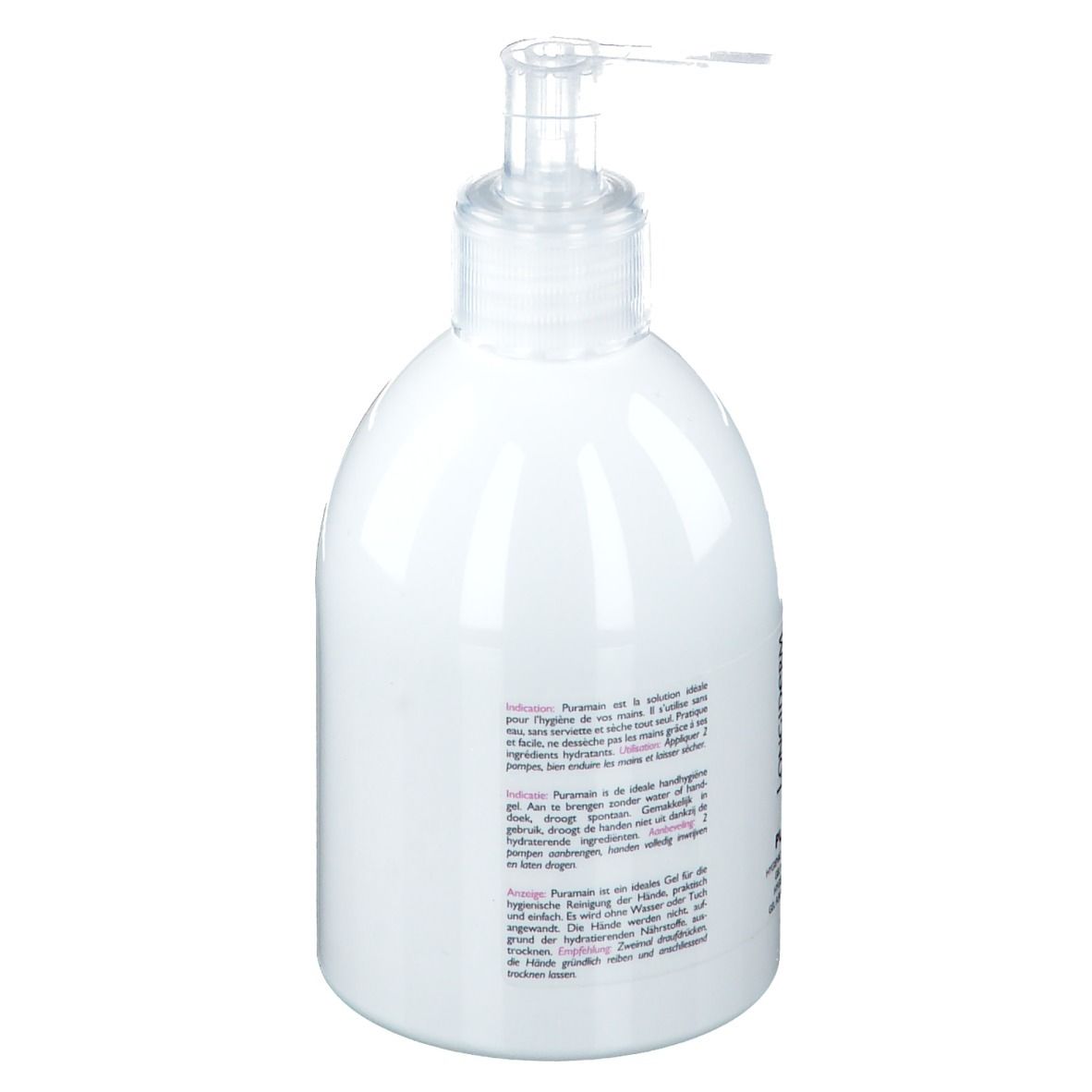 Flacon blanc avec pompe. Inscription : LONGiDERM, PURAMAIN. Logo rose. Texte en allemand, français, anglais. Gel hygiénique pour les mains.