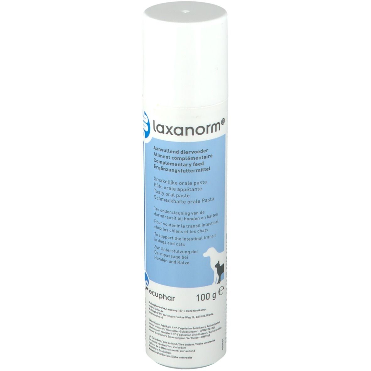 Tube de Laxanorm. Cylindre blanc avec étiquette bleue. Texte : Aliment complémentaire pour chiens et chats. 100 g.