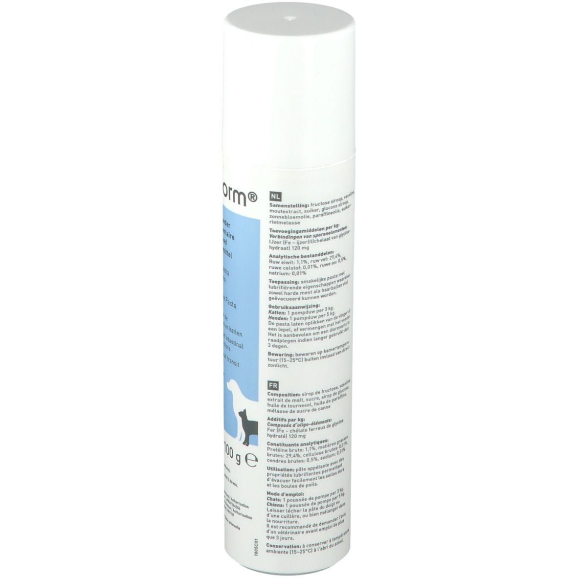 Dos de tube de Laxanorm. Cylindre blanc avec étiquette bleue. Texte : Composition, constituants analytiques, dosage, etc.