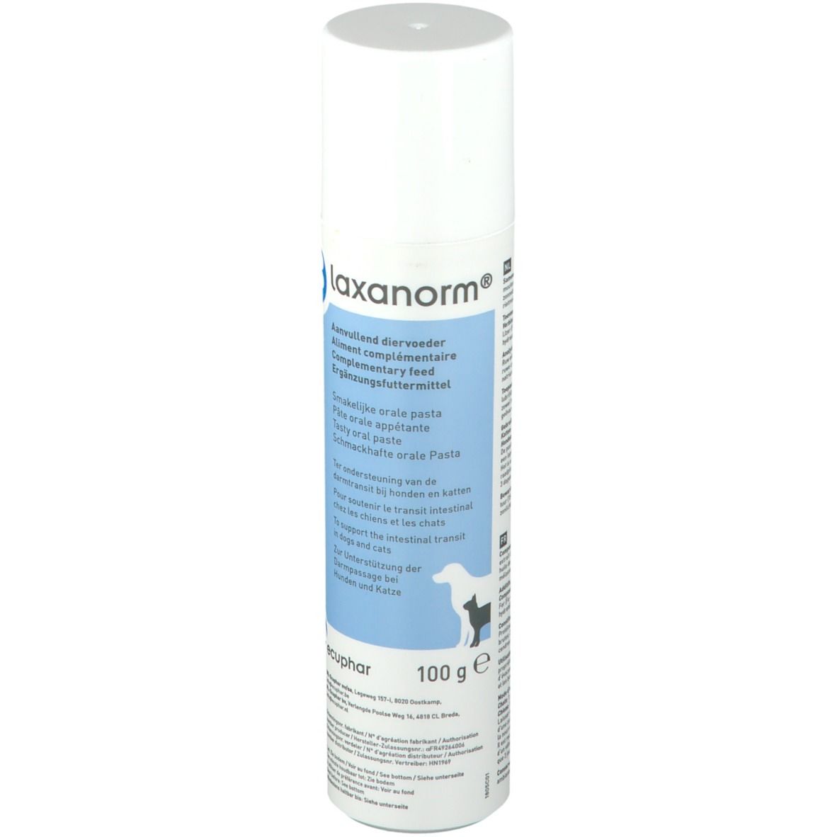 Tube de Laxanorm. Cylindre blanc avec étiquette bleue. Texte : Aliment complémentaire pour chiens et chats. 100 g.