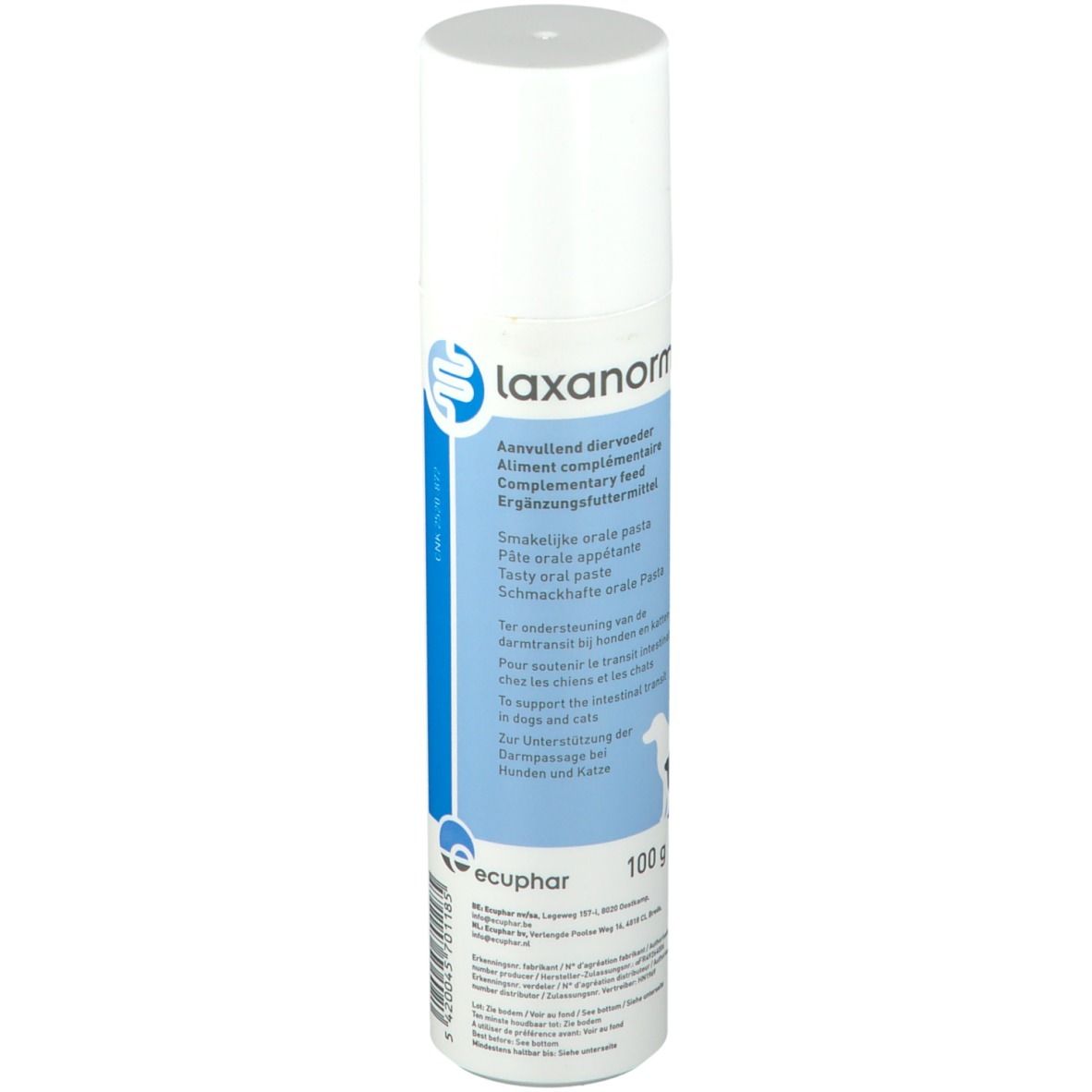 Tube de Laxanorm. Cylindre blanc avec étiquette bleue. Texte : Aliment complémentaire pour chiens et chats. 100 g.