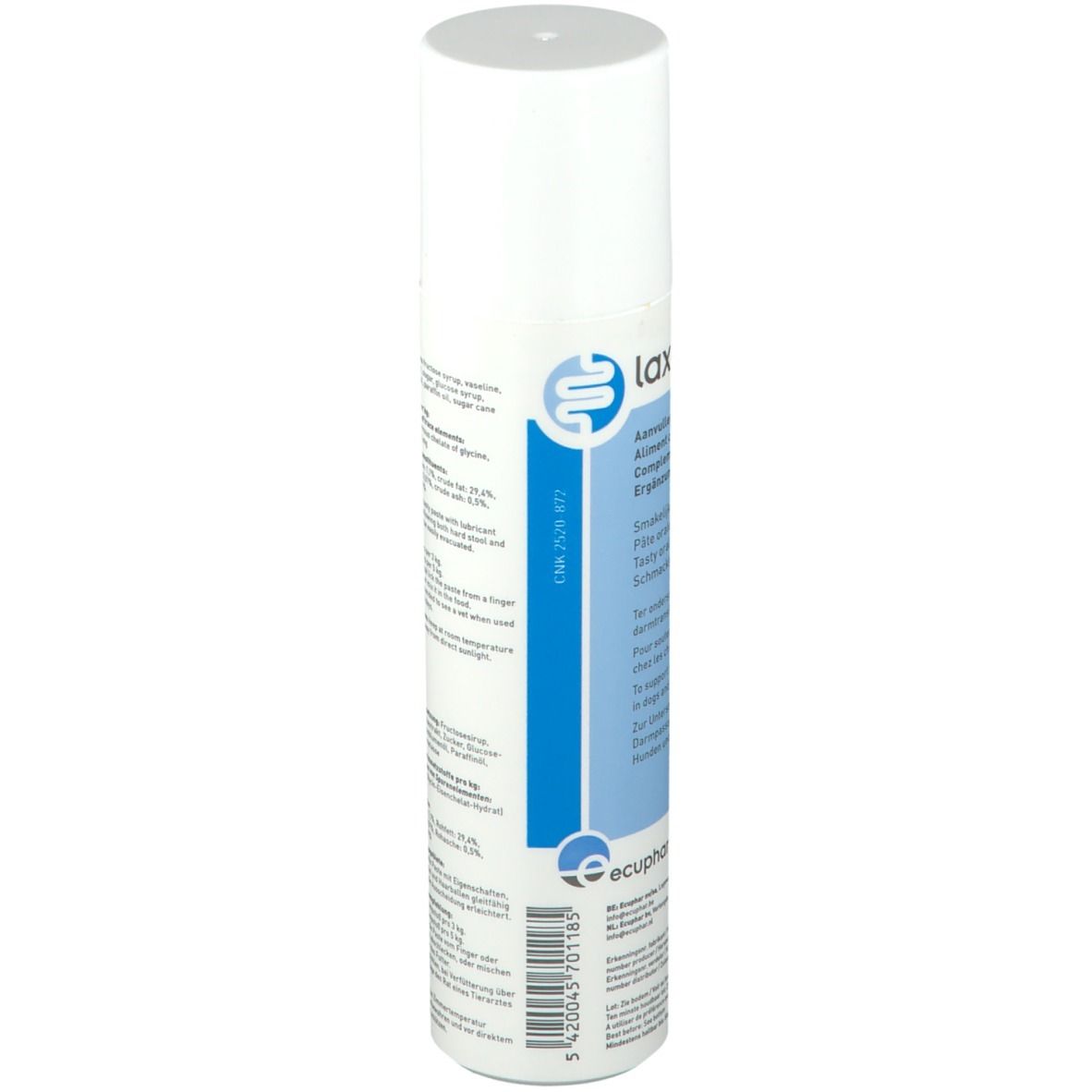 Tube de Laxanorm, détail. Cylindre blanc avec étiquette bleue. Texte : Composition, etc. Code EAN.