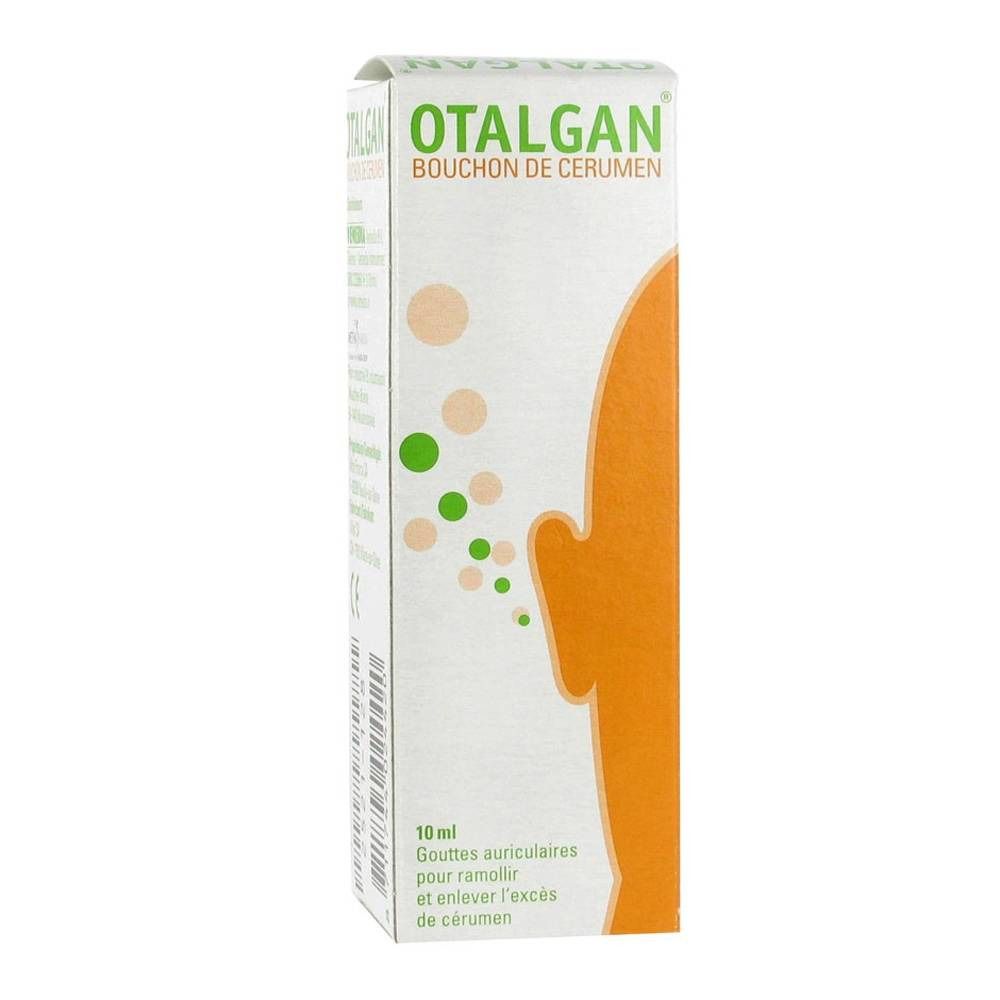 Otalgan-verpakking. Witte doos met groen en oranje design. Tekst: Otalgan Bouchon de Cerumen. 10 ml.