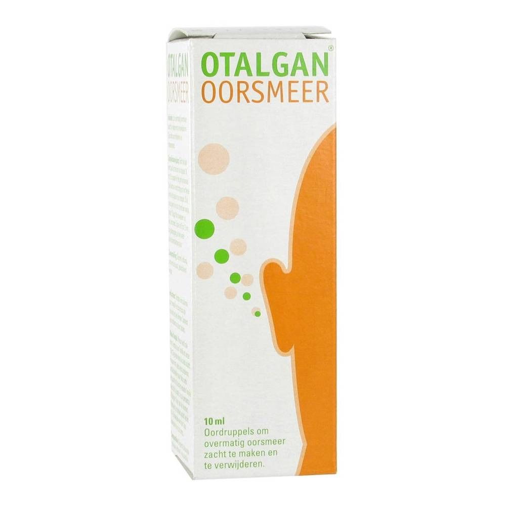 Otalgan-verpakking. Witte doos met groen en oranje design. Tekst: Otalgan Oorsmeer. 10 ml.