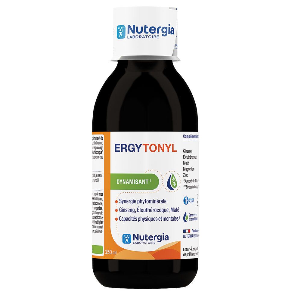 Bruine fles met zwarte vloeistof. Etiket met productnaam en ingrediënten. Merk NUTERGIA.