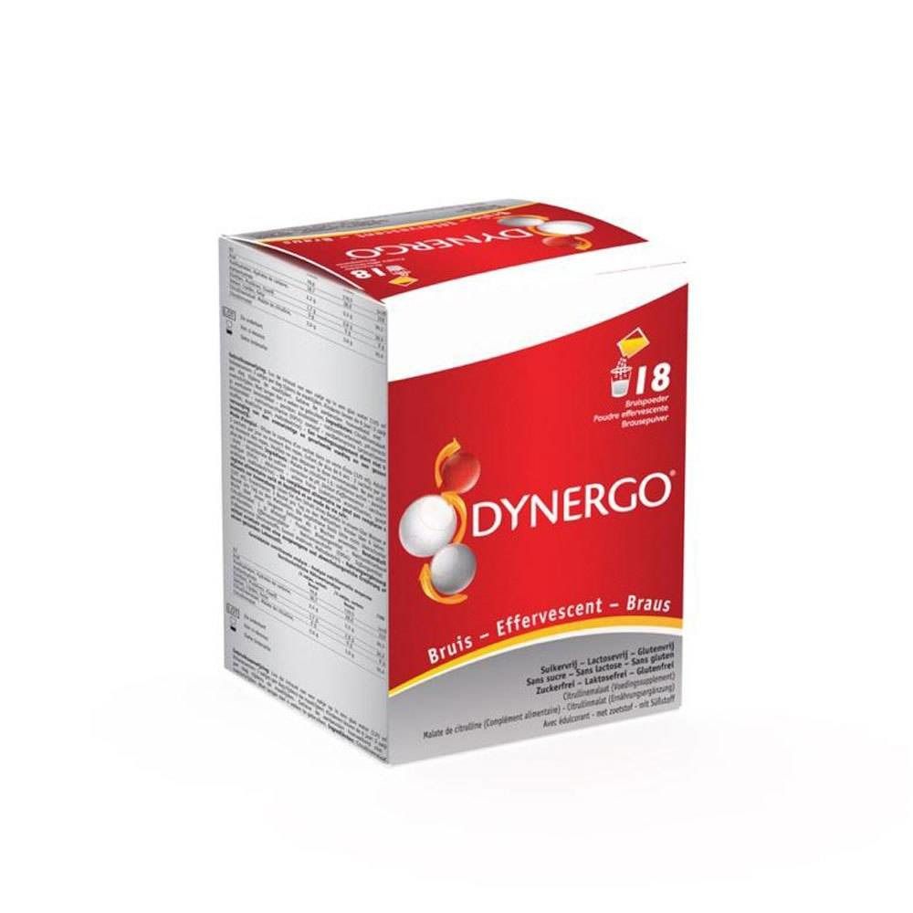 Boîte de Dynergo effervescent. Emballage rouge et blanc avec nom du produit et 18 comprimés.