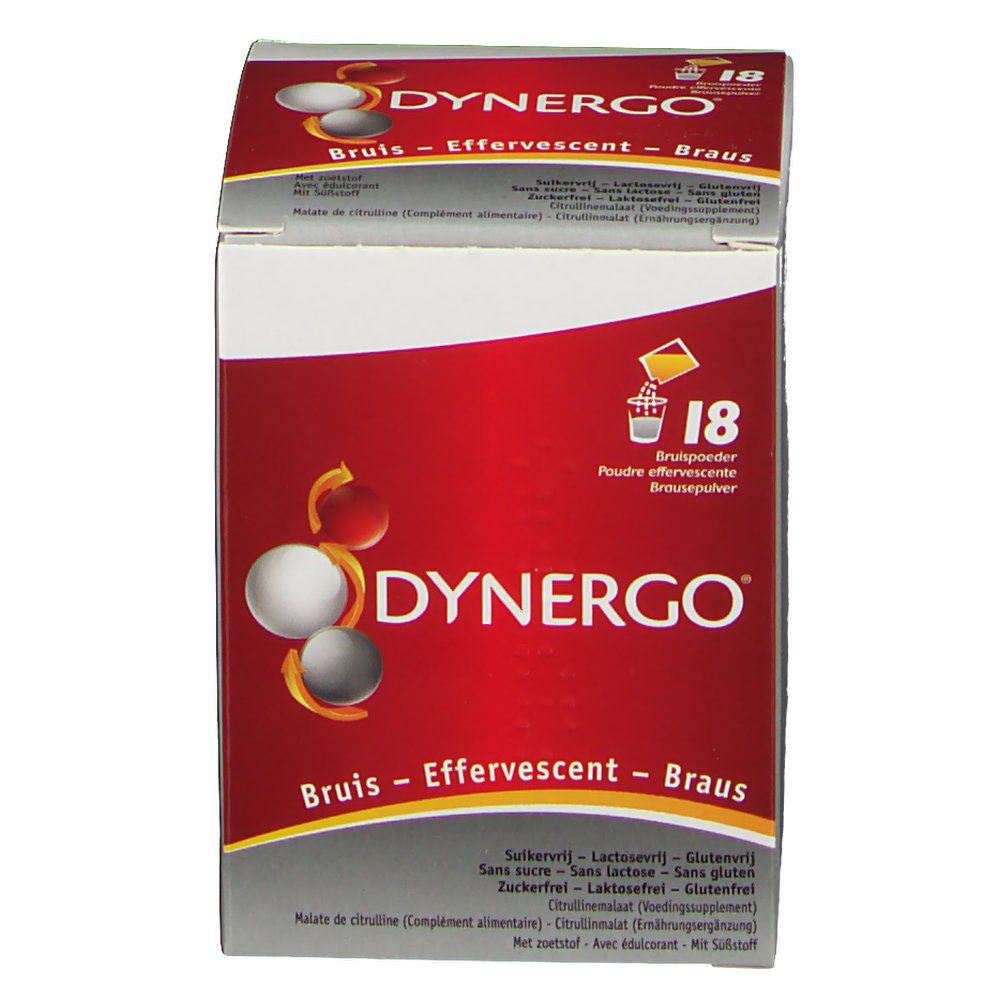 Emballage Dynergo. Boîte rouge avec nom du produit, 18 comprimés effervescents et ingrédients.