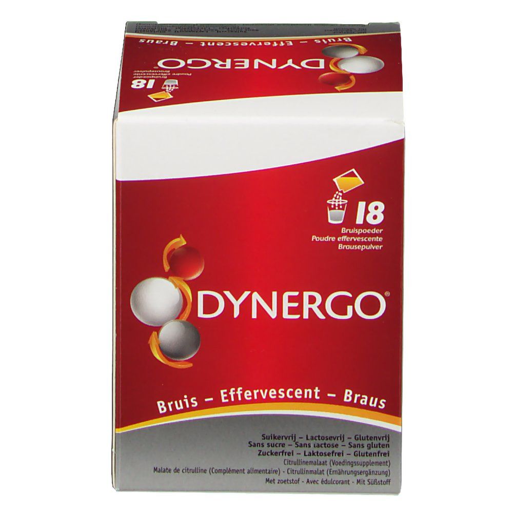 Emballage Dynergo. Boîte rouge avec nom du produit, 18 comprimés effervescents et ingrédients.