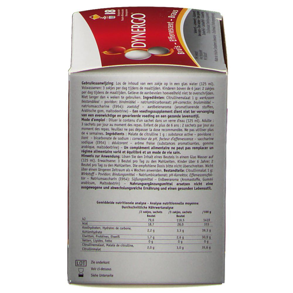 Dos de l'emballage Dynergo. Texte avec instructions d'utilisation et analyse nutritionnelle.