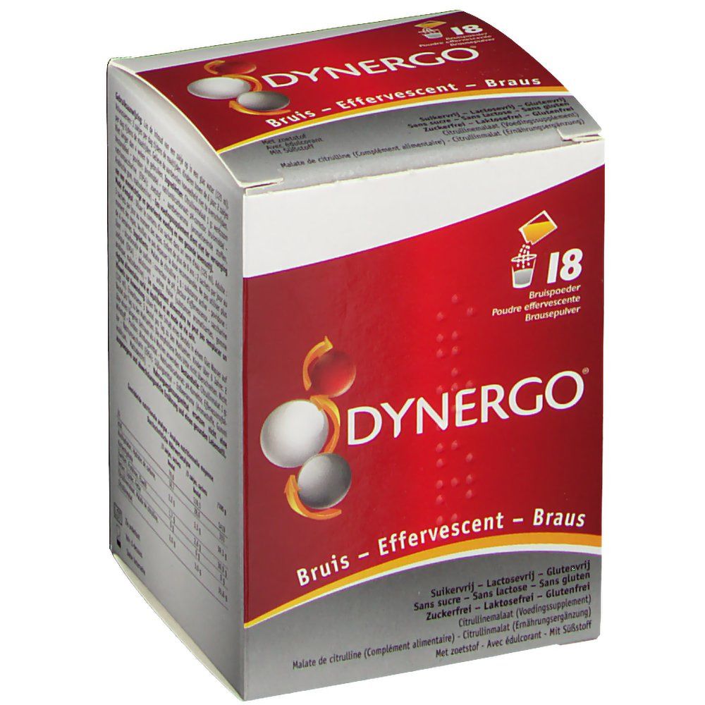 Emballage Dynergo. Boîte rouge avec nom du produit, 18 comprimés effervescents et ingrédients.