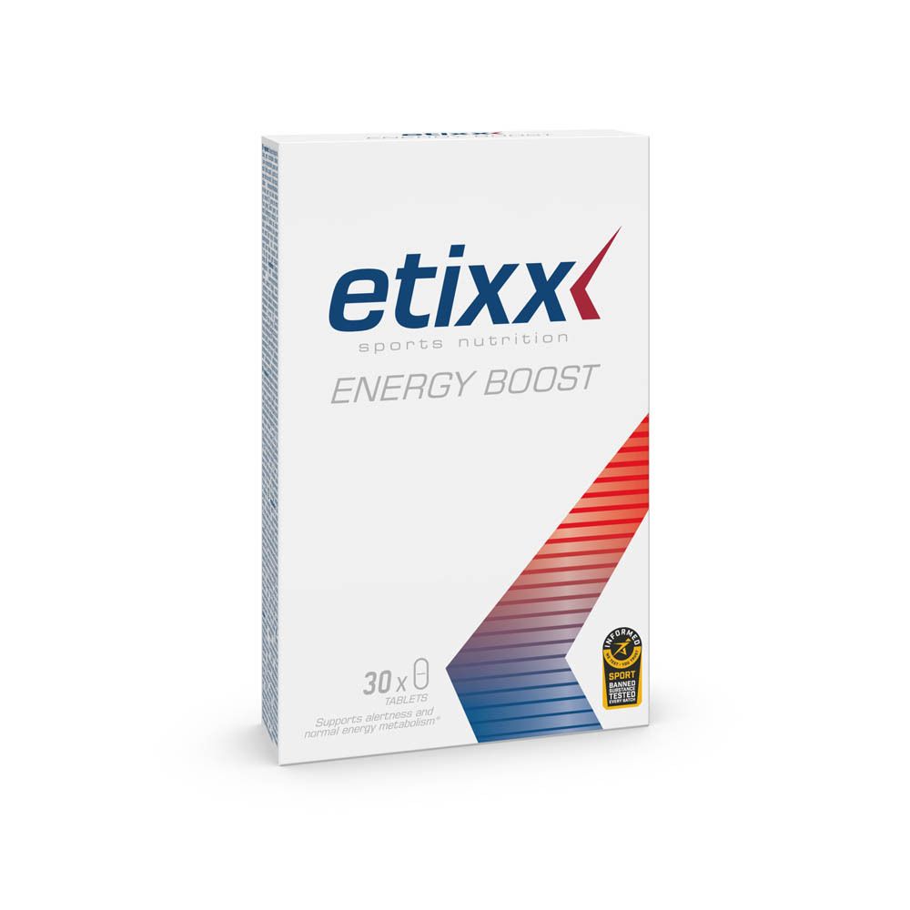 Boîte blanche Etixx avec logo et texte "ENERGY BOOST". Contient 30 comprimés. Avec certification sportive.