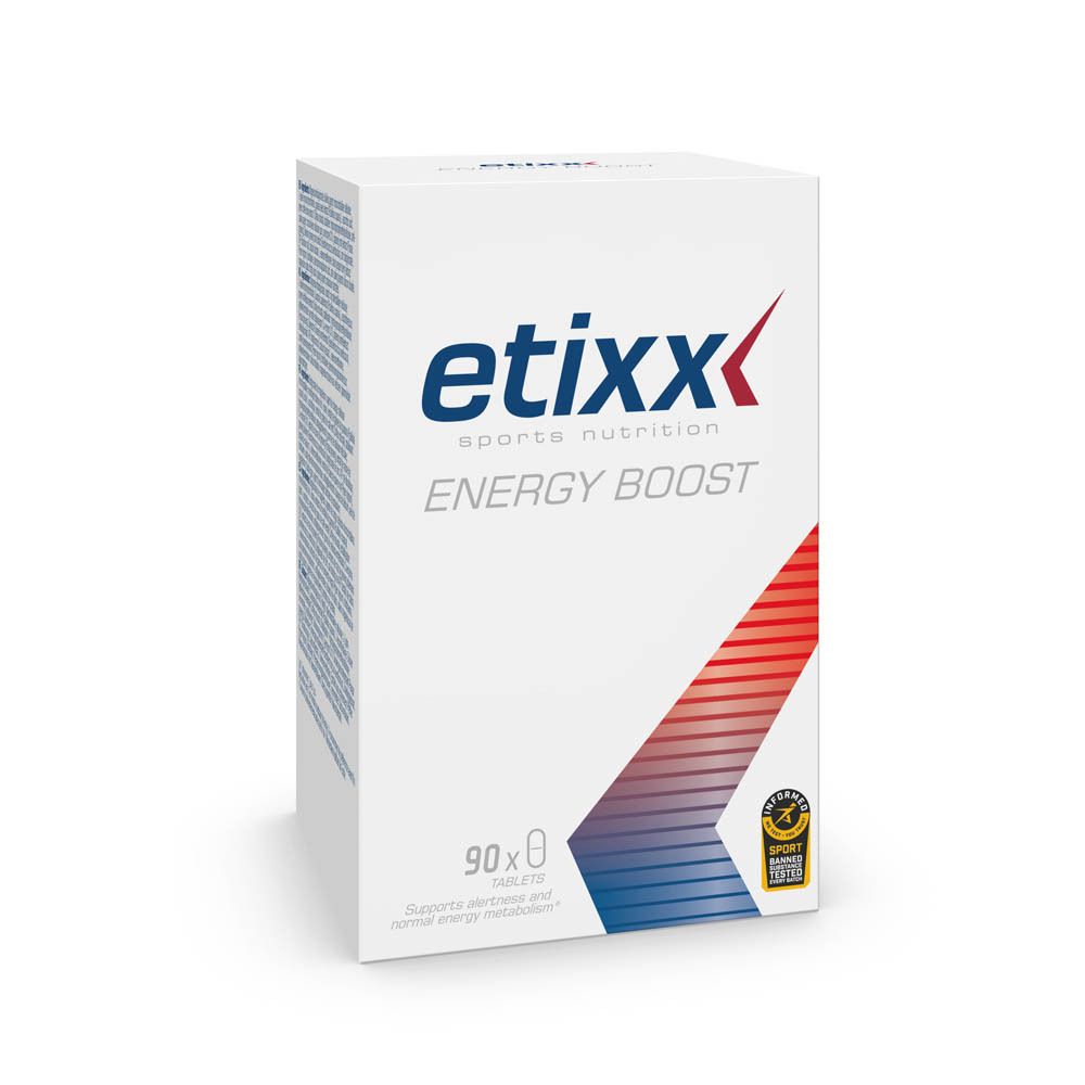 Witte Etixx-doos met rood en blauw design. Bevat 90 tabletten. Opschrift: Energy Boost. Met sportcertificering.
