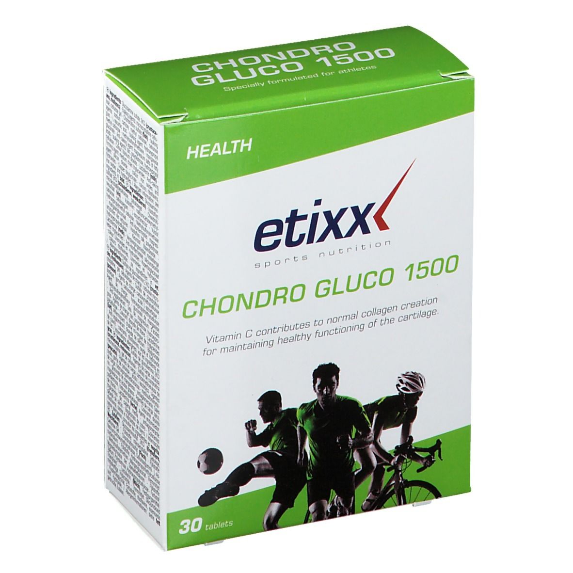 Etixx Chondro-Gluco 1500 verpakking. Groen-witte doos met productnaam en logo. 30 tabletten. Afbeelding van atleten.