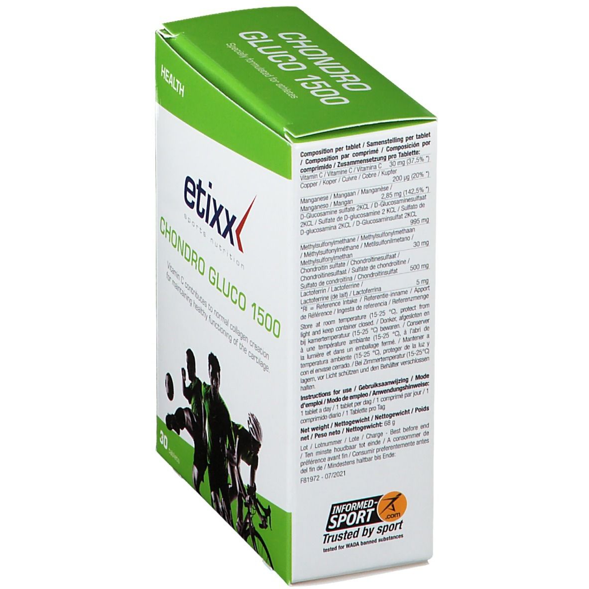 Etixx Chondro-Gluco 1500 verpakking. Zijaanzicht met ingrediënten en voedingswaarde. 'Informed-Sport' logo.