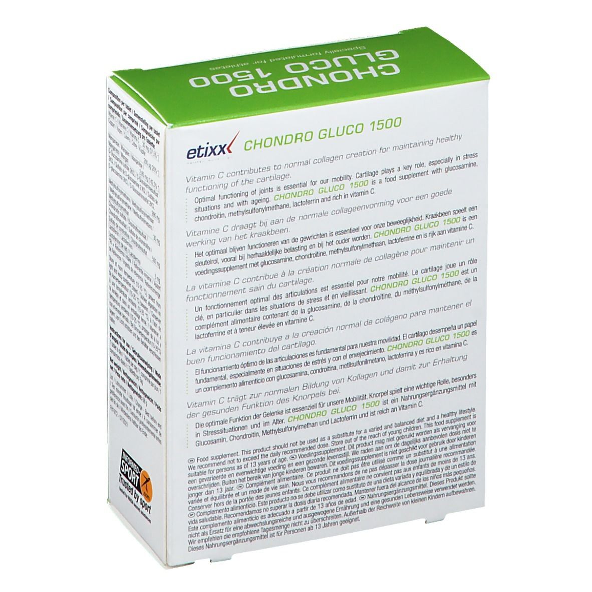Etixx Chondro-Gluco 1500 verpakking. Achterkant met productinformatie in meerdere talen. 'Informed-Sport' logo.