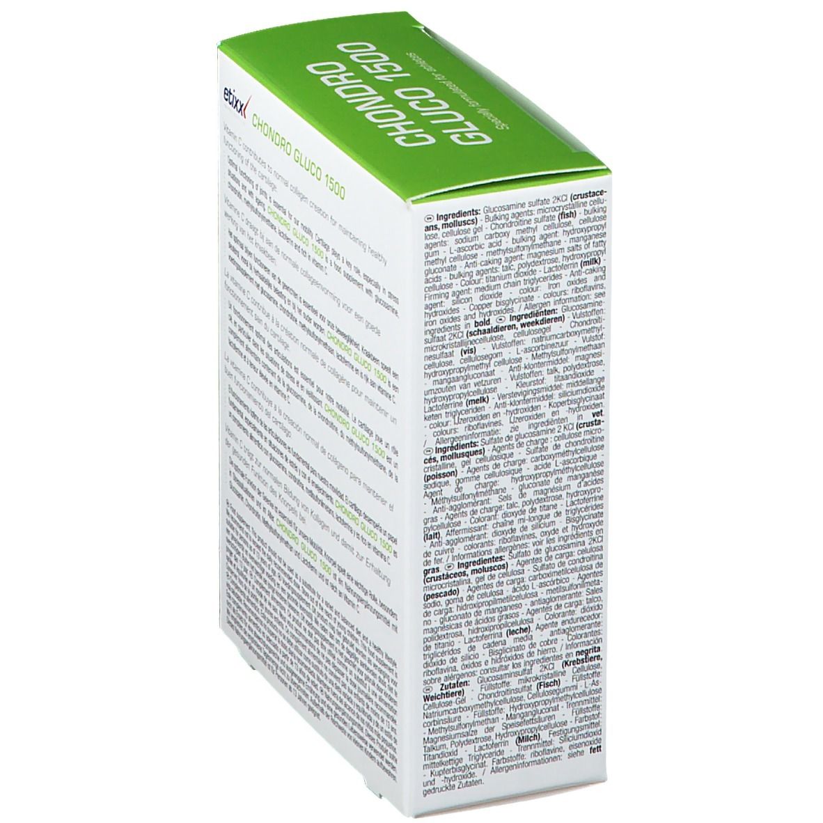 Etixx Chondro-Gluco 1500 verpakking. Zijaanzicht met ingrediënten en productinformatie in meerdere talen.